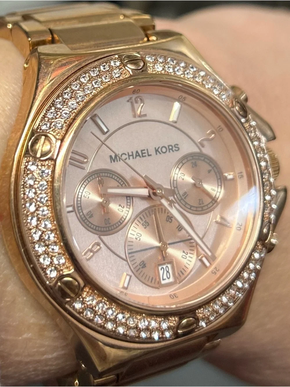 Michael Kors Rose Gold Tone Crystal Bezel Women's Chronograph Watch